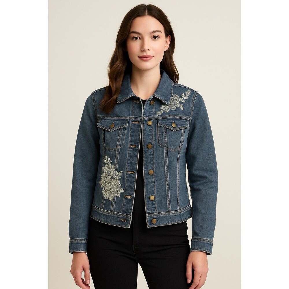 Blassport Women’s Embroidered Denim Jean Jacket Blue Floral Size Small